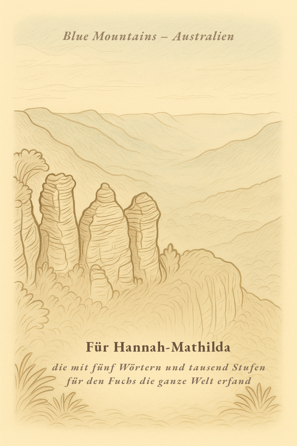 Illustration der Three Sisters in den Blue Mountains mit Widmung für Hannah-Mathilda