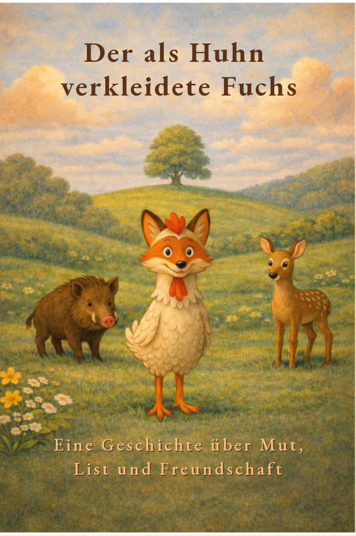 Illustration eines als Huhn verkleideten Fuchses in einer Landschaft – Kinderbuch über Mut, List und Freundschaft.